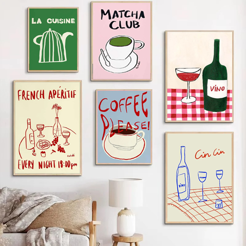 Draw Coffee And Tea - 1PC frameloze decoratieve kunstprint, kleurrijke tekeningen
